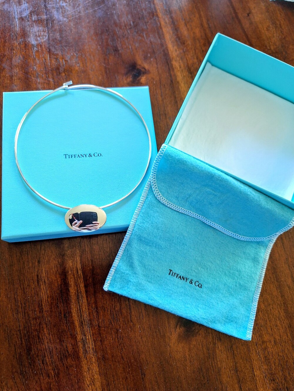 New, Authentic, Tiffany & Co. sterling silver oval tag wire choker necklace